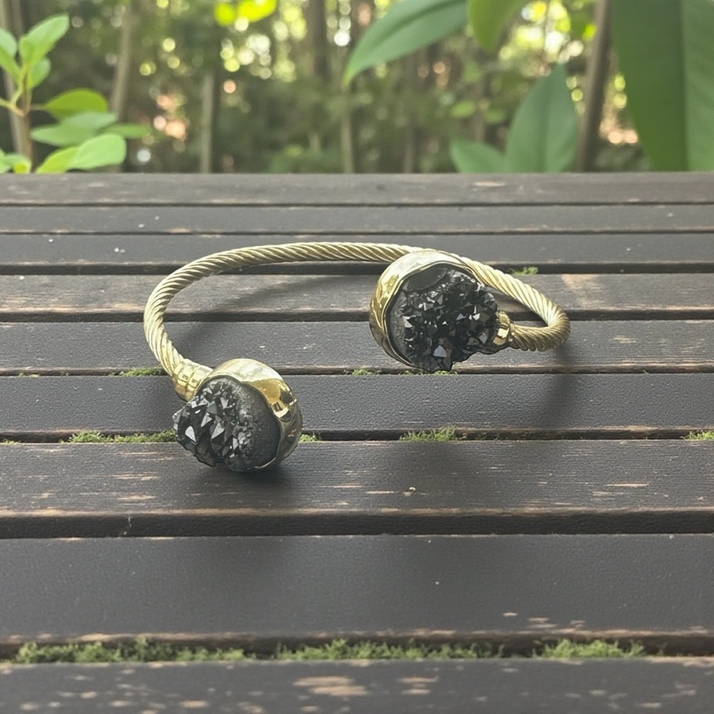 Black Druzy Stone Gold Plated Cable Cuff Bracelet